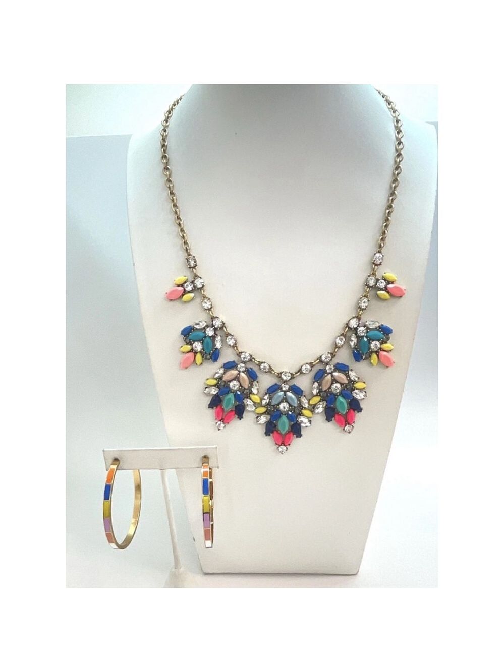 J. Crew Goldtone Multicolor Crystal Statement Necklace & Hoop Earring Set 2183